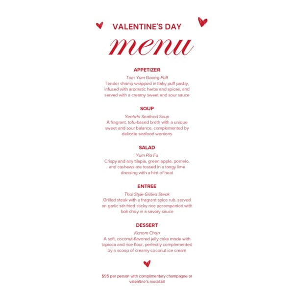 Valentine's Day menu from THAI restaurant, featuring appetizers, soup, salad, entree, and dessert.