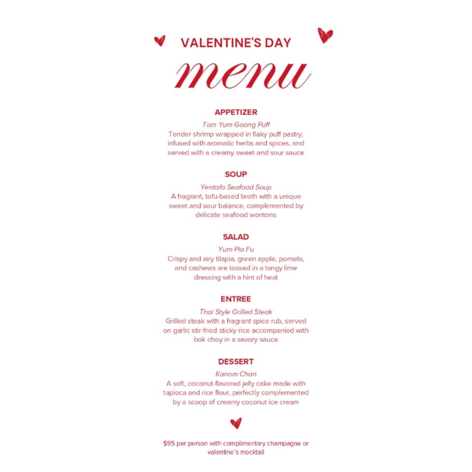 Valentine's Day menu from THAI restaurant, featuring appetizers, soup, salad, entree, and dessert.